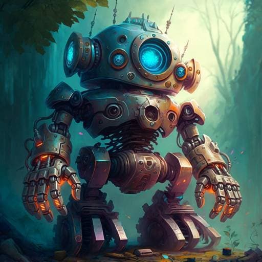 AI-generated steampunk robot in forest before image upscaling