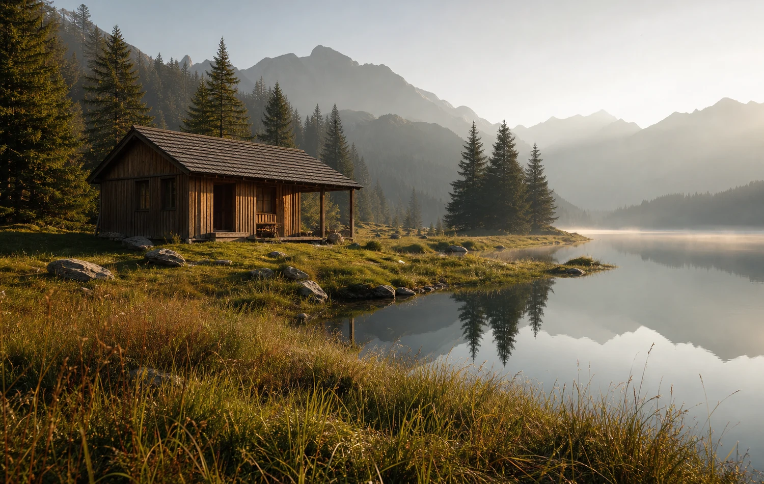 Cabana alpina e lago após remover o padrão de marca d'água