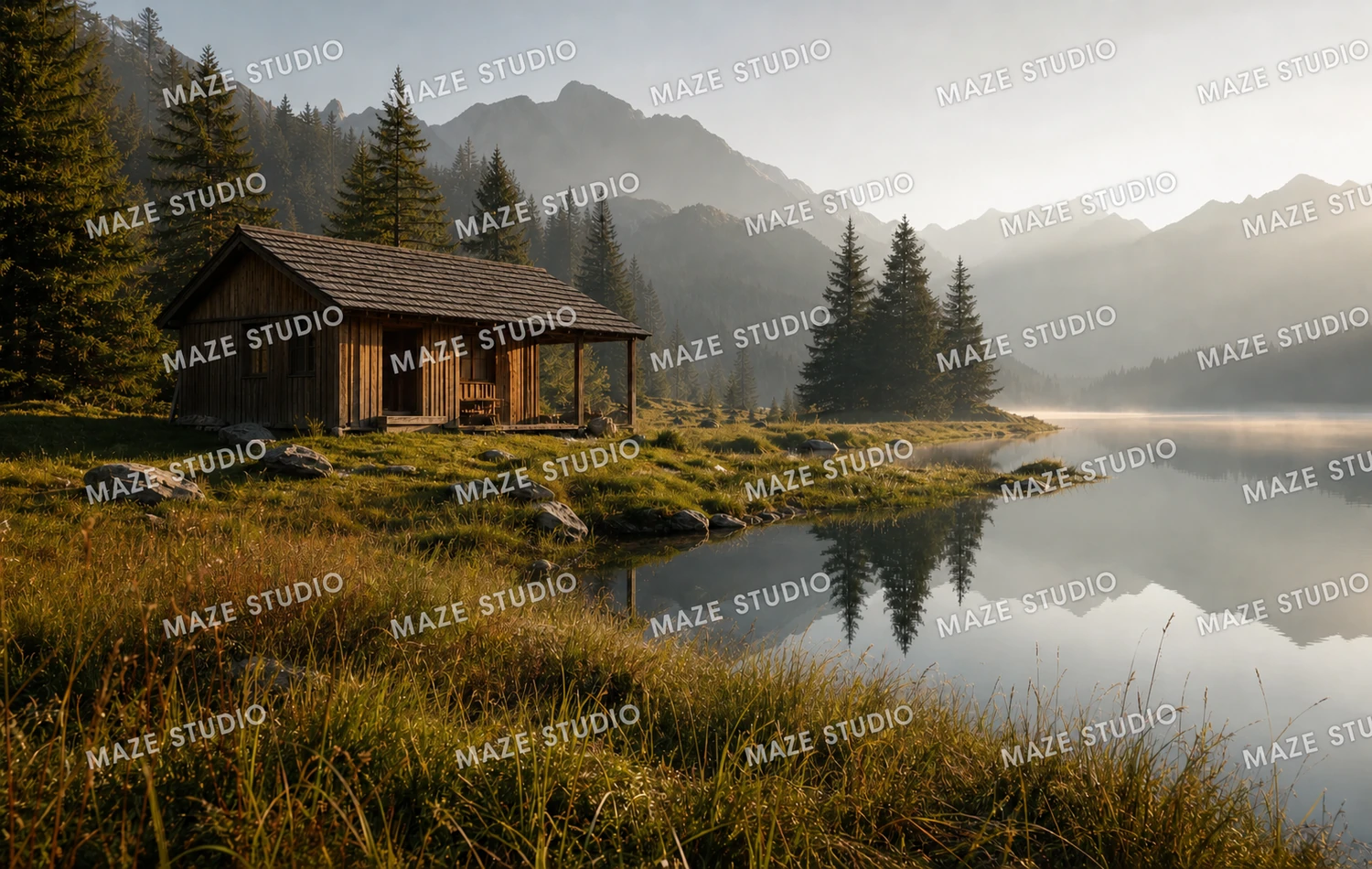 Cabana alpina e lago cobertos por um padrão repetido de marca d'água