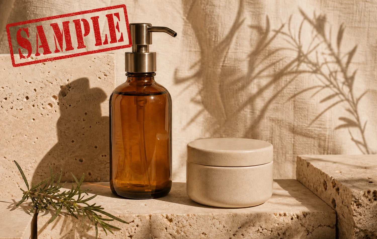 Produtos de skincare âmbar cobertos por uma marca d'água SAMPLE