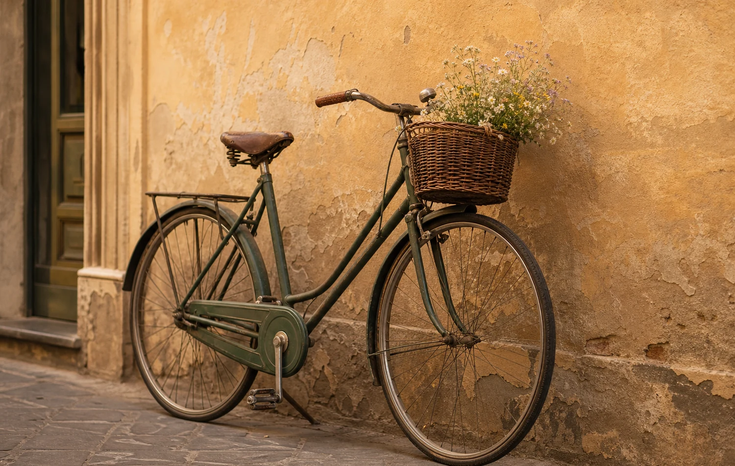 Bicicleta antiga diante de uma parede texturizada após remover a marca d'água